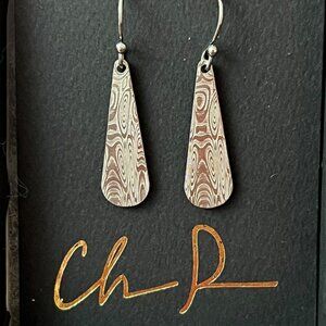Chris Ploof Damascus stainless steel teardrop dangle Earrings EUC
